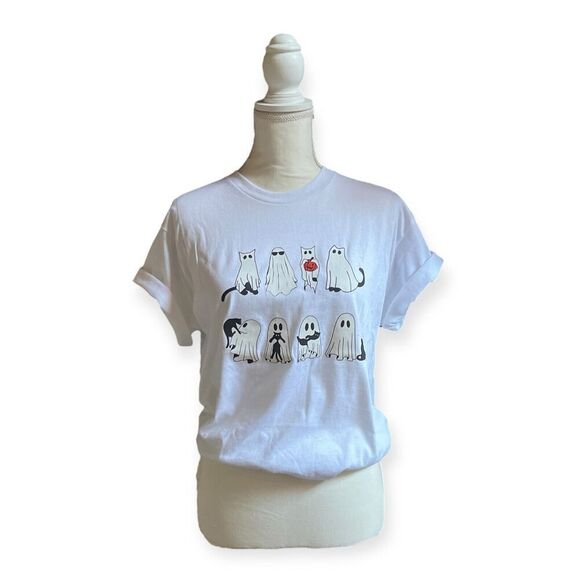 Fall Halloween T-shirt Ghost Kittens Graphic Tee Short Sleeve White NEW Unisex - Picture 1 of 8